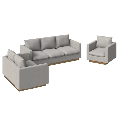 Nervo Velvet/Leather 3-Piece Living Room Sofa Set With Gold Frame and Removable Cushions