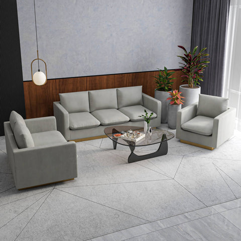 Nervo Velvet/Leather 3-Piece Living Room Sofa Set With Gold Frame and Removable Cushions