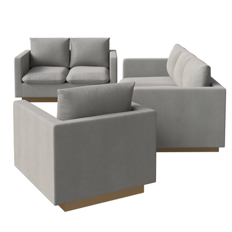 Nervo Velvet/Leather 3-Piece Living Room Sofa Set With Gold Frame and Removable Cushions