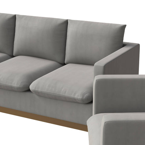 Nervo Velvet/Leather 3-Piece Living Room Sofa Set With Gold Frame and Removable Cushions