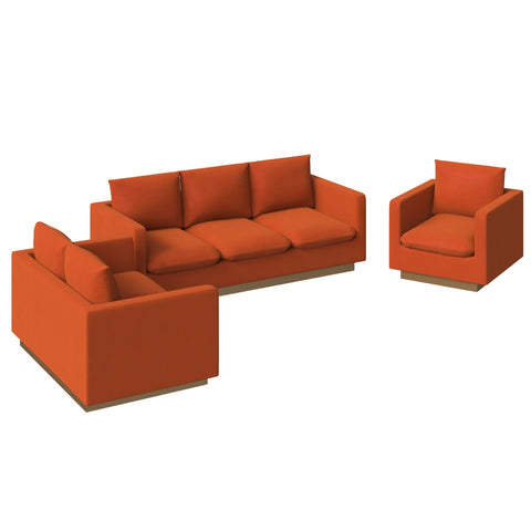 Nervo Velvet/Leather 3-Piece Living Room Sofa Set With Gold Frame and Removable Cushions