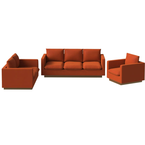 Nervo Velvet/Leather 3-Piece Living Room Sofa Set With Gold Frame and Removable Cushions