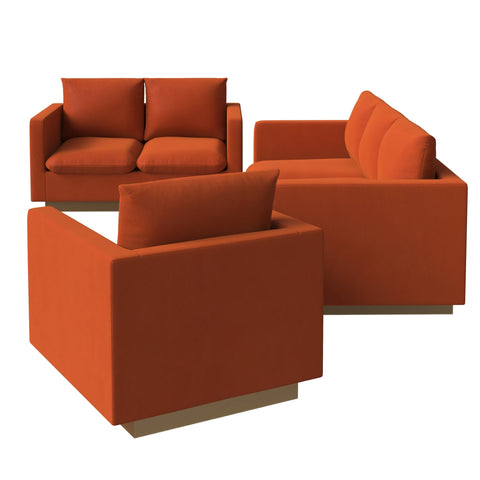 Nervo Velvet/Leather 3-Piece Living Room Sofa Set With Gold Frame and Removable Cushions