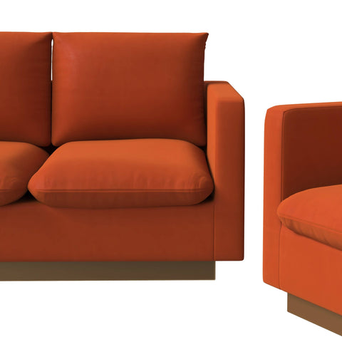 Nervo Velvet/Leather 3-Piece Living Room Sofa Set With Gold Frame and Removable Cushions