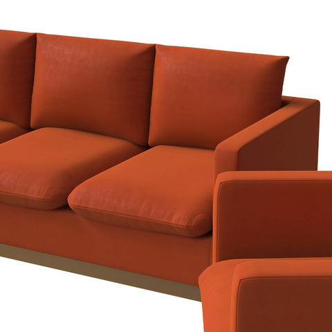 Nervo Velvet/Leather 3-Piece Living Room Sofa Set With Gold Frame and Removable Cushions