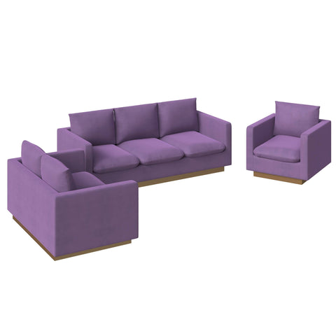 Nervo Velvet/Leather 3-Piece Living Room Sofa Set With Gold Frame and Removable Cushions