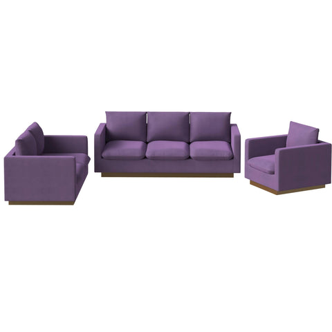 Nervo Velvet/Leather 3-Piece Living Room Sofa Set With Gold Frame and Removable Cushions