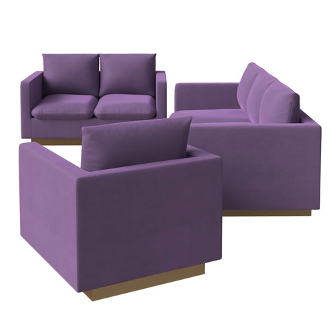 Nervo Velvet/Leather 3-Piece Living Room Sofa Set With Gold Frame and Removable Cushions