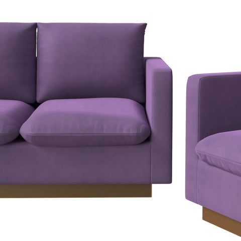 Nervo Velvet/Leather 3-Piece Living Room Sofa Set With Gold Frame and Removable Cushions