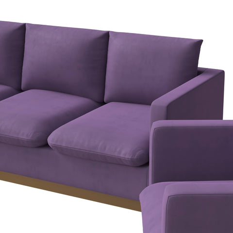 Nervo Velvet/Leather 3-Piece Living Room Sofa Set With Gold Frame and Removable Cushions