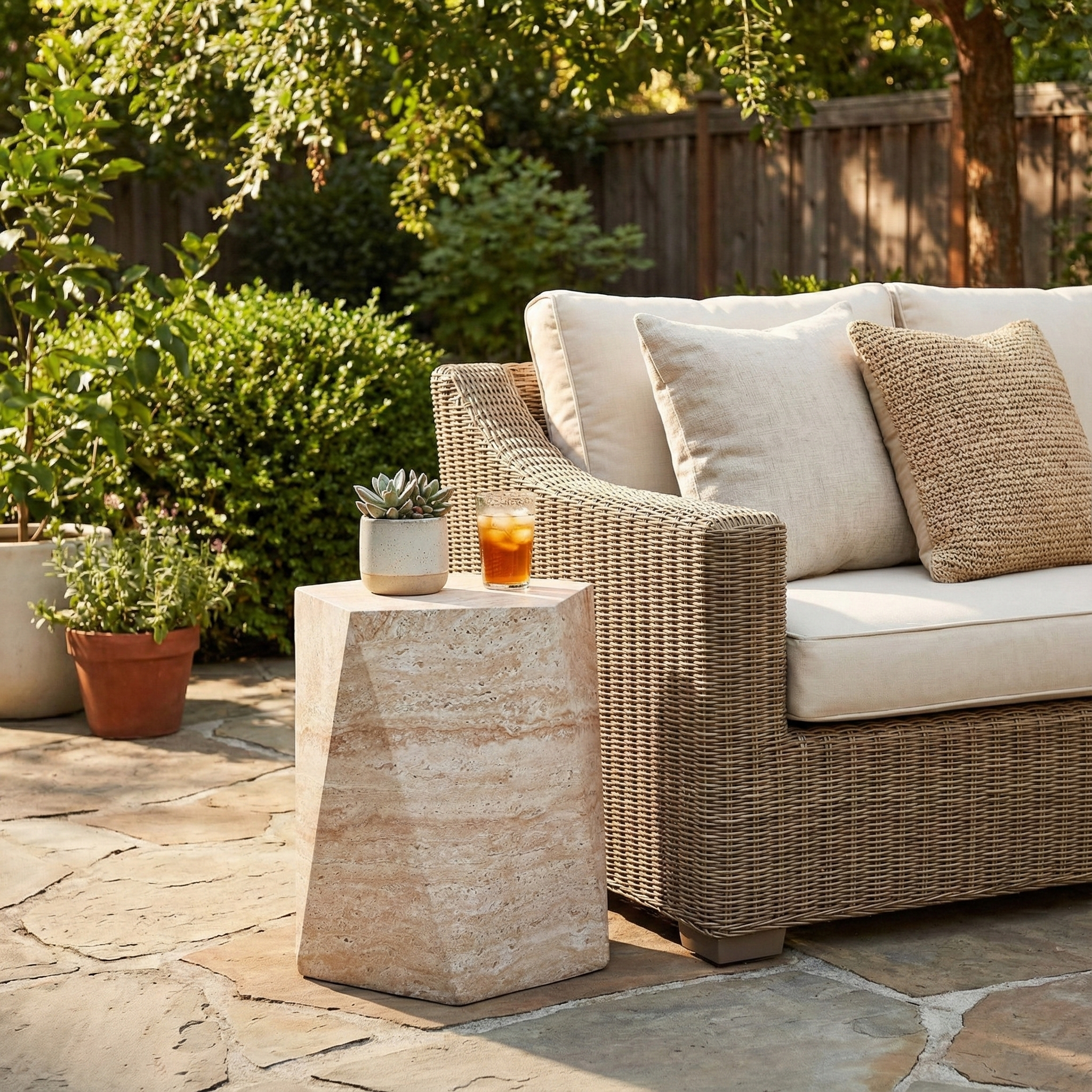 Nexovo Modern Round Fiberstone Side Table – Indoor Outdoor Accent Table