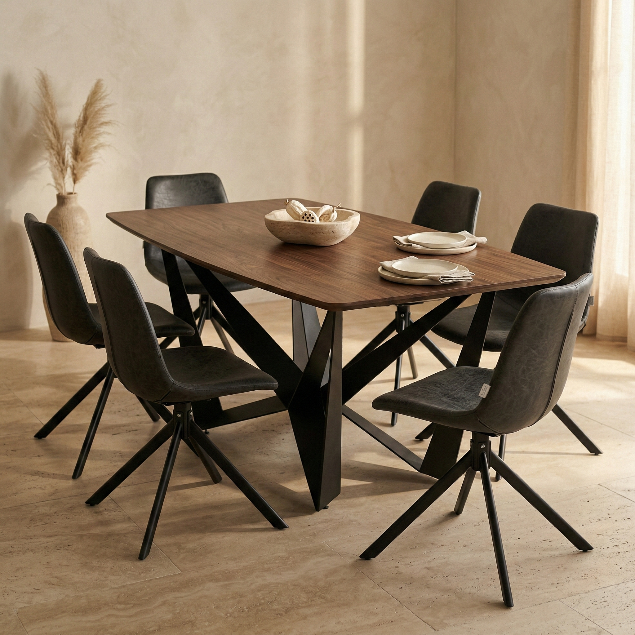 Nuvor Dining Table with Rectangular Sintered Stone/Glass Tabletop and Black Steel Legs