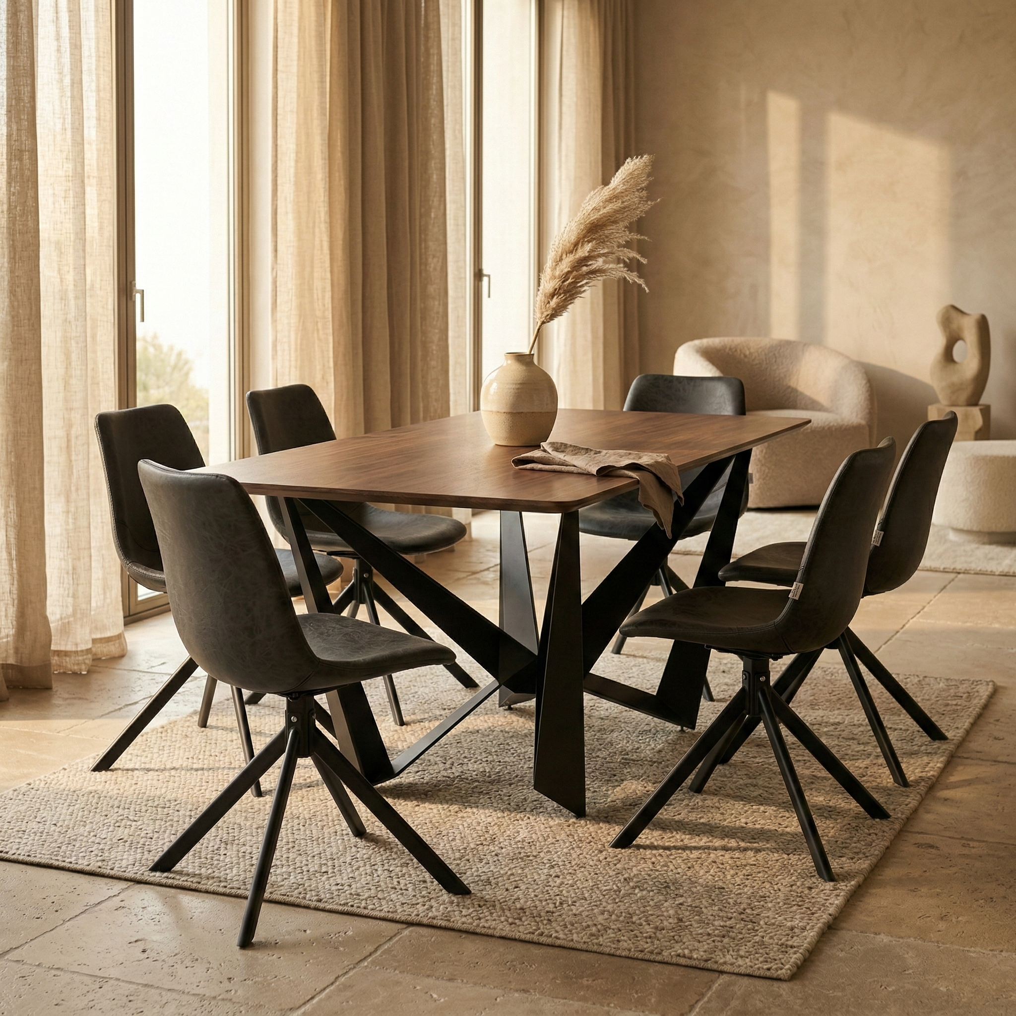 Nuvor Dining Table with Rectangular Sintered Stone/Glass Tabletop and Black Steel Legs