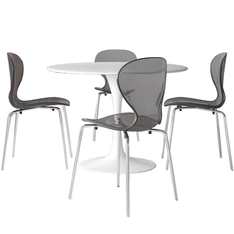 LeisureMod Bristol 5-Piece Dining Set Round White MDF Dining Table and 4 Acrylic Dining Chairs with Chrome Legs