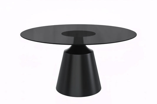 Prynn Modern Round Dining Table with a Sintered Stone/Glass Top in Black Stainless Steel Base