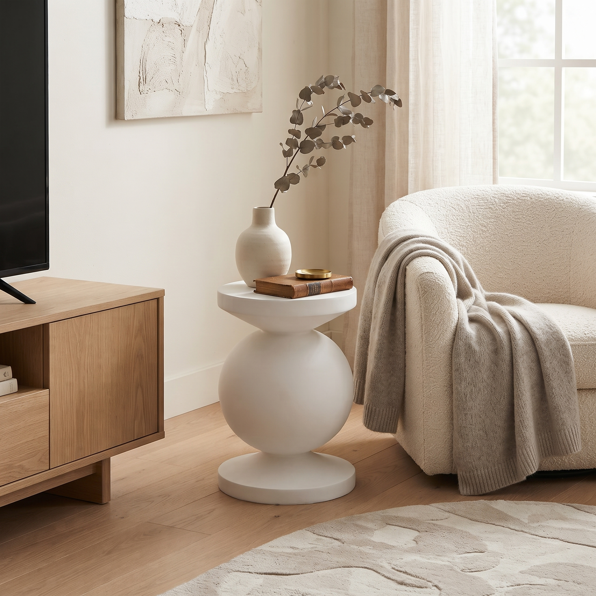 Pillar End/Side Table in Fiberstone Hourglass Design for Indoor and Outdoor