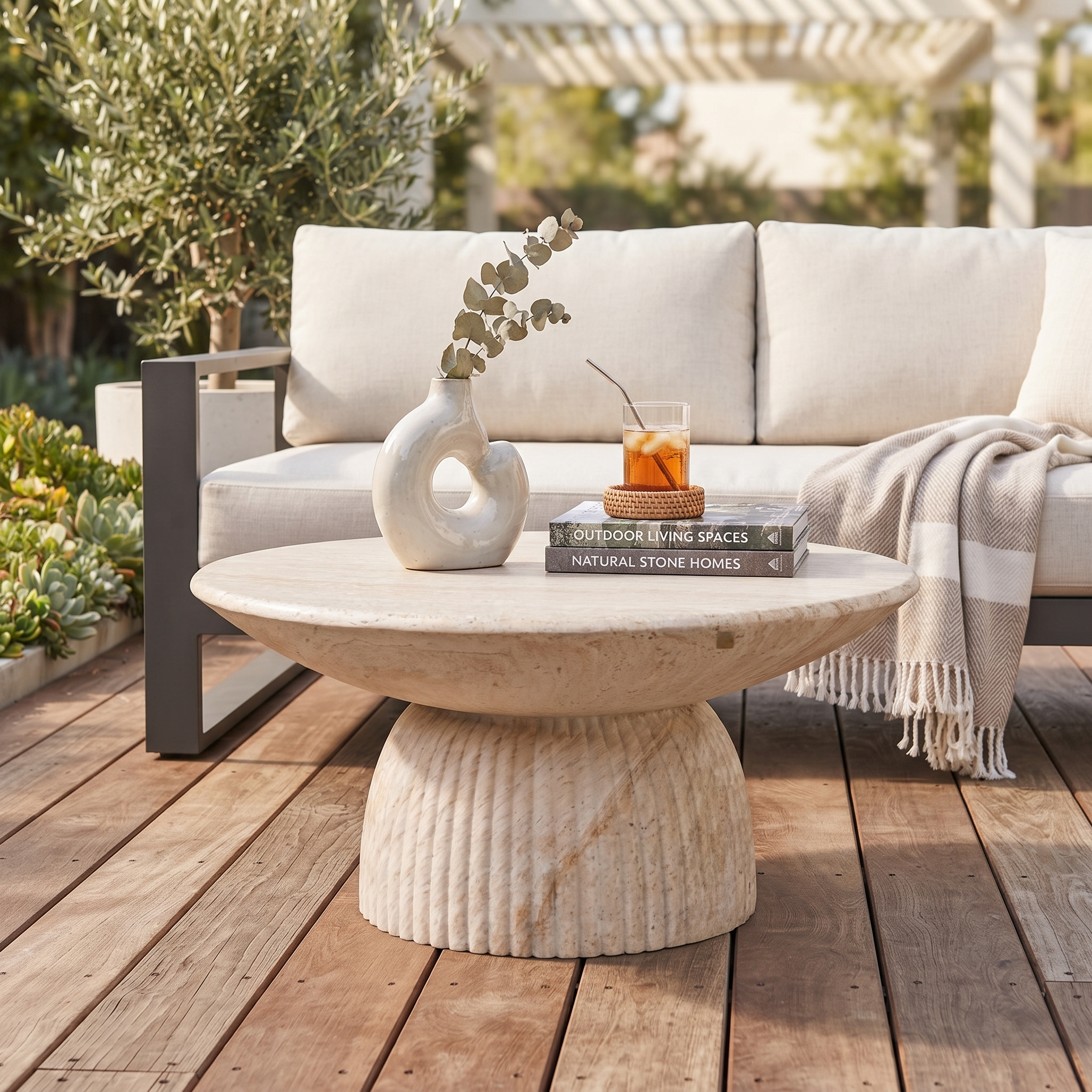 Quarry Round Coffee Table in Fiberstone With Pedestal Base