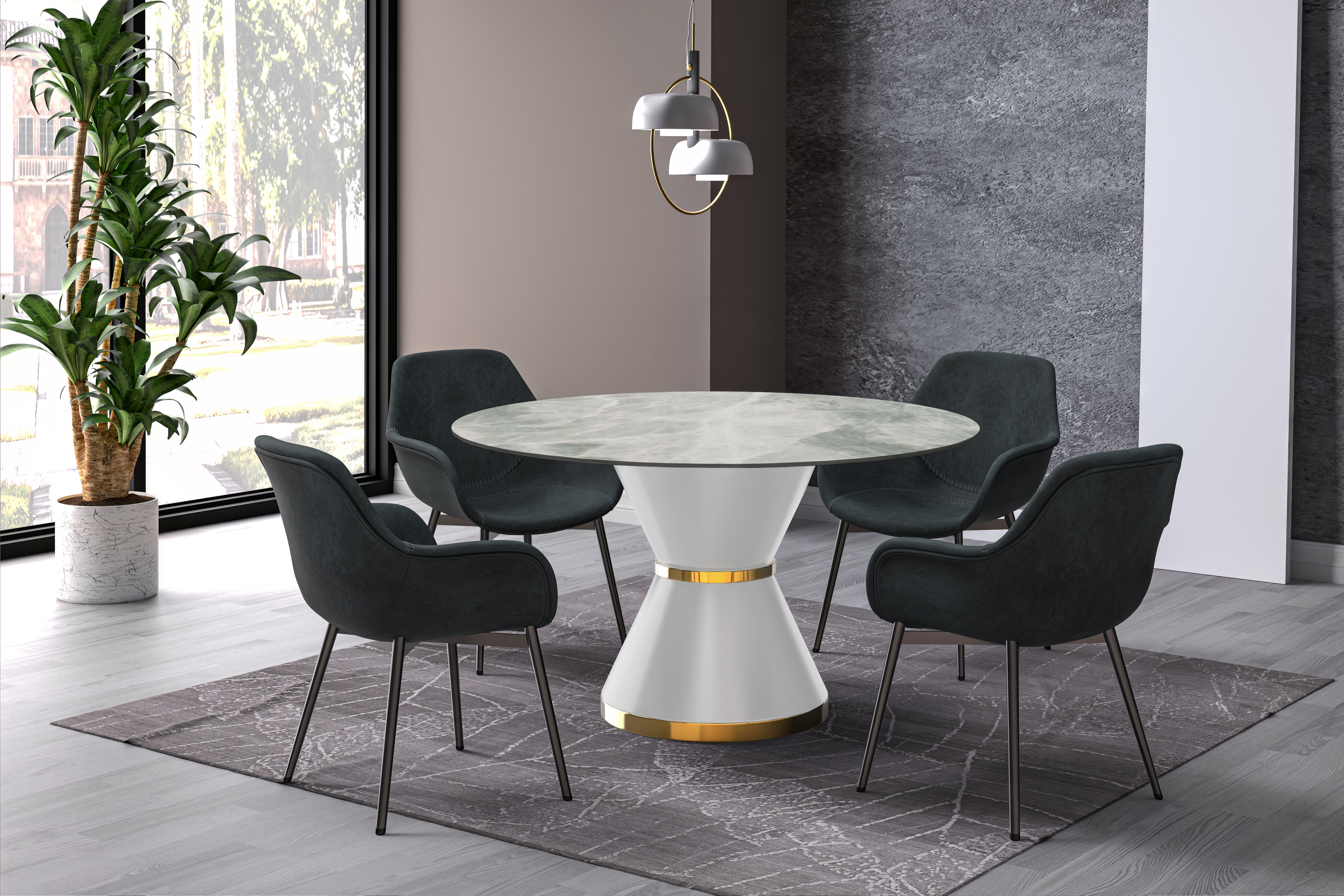 Modern Round Dining Table with a Glass/Stone Tabletop in Stainless Steel Seats 6-10 Qorvus Collection