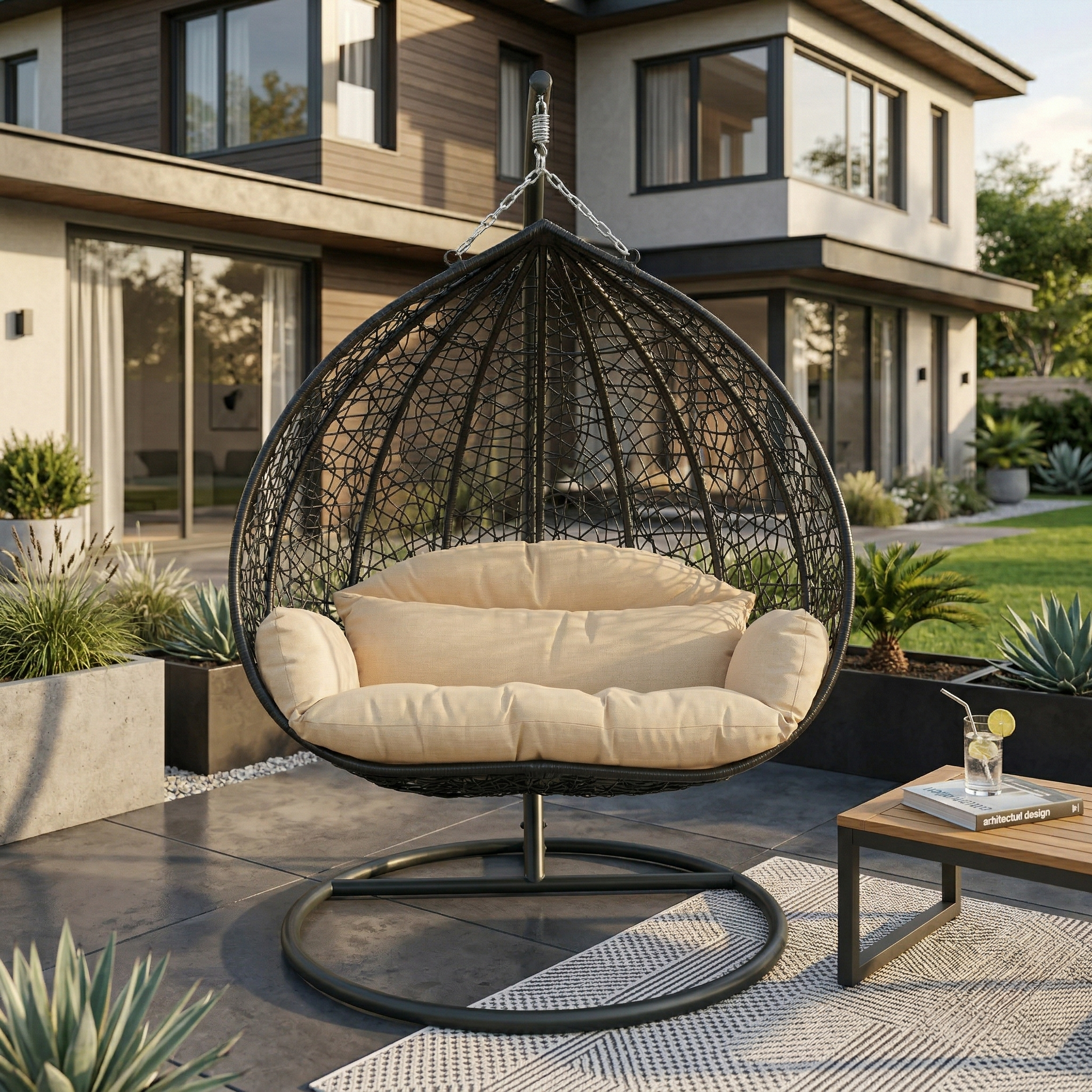Recluse Modern Outdoor Egg Swing Chair Black/Brown/Grey Frame in Teardrop Design with ES57 Cushion