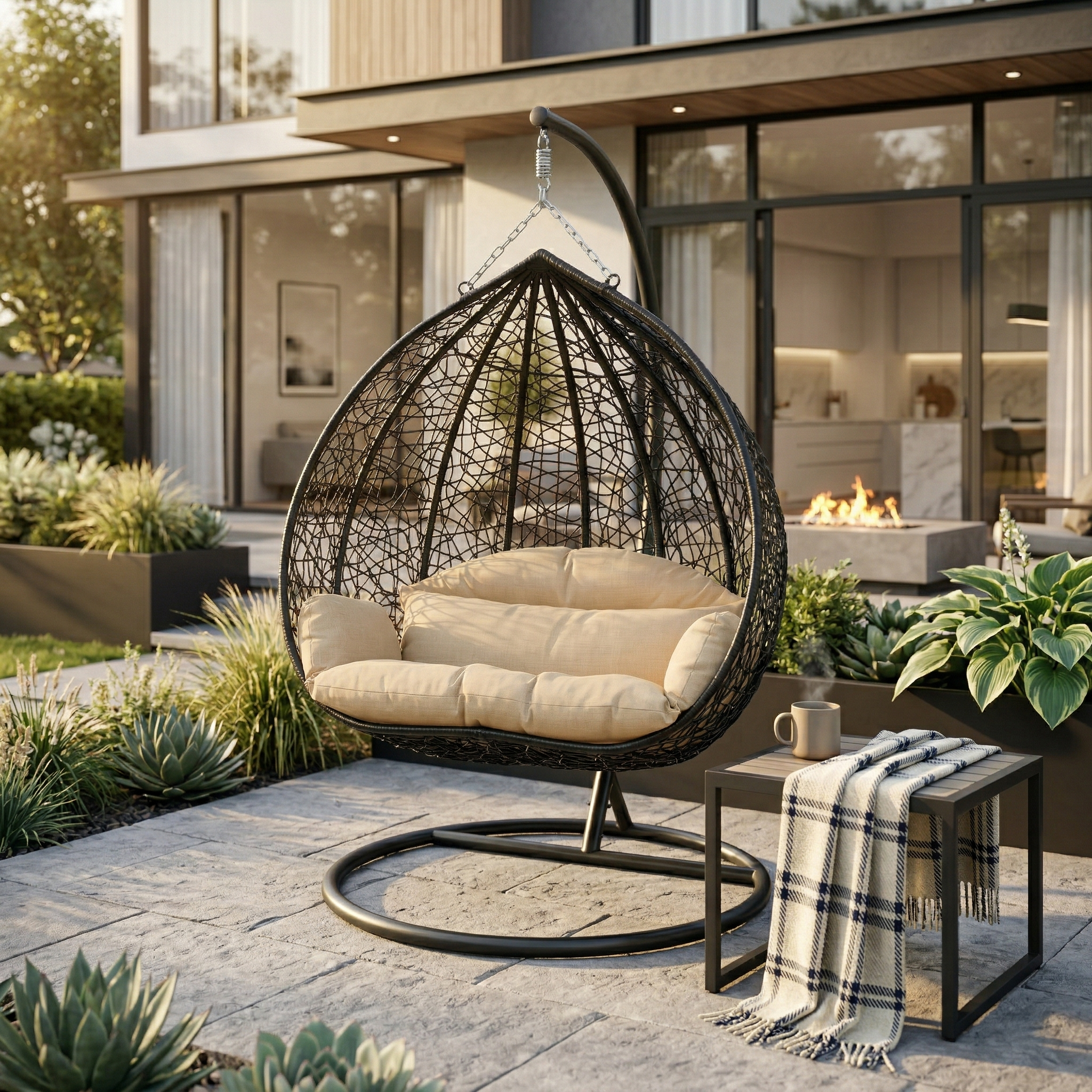 Recluse Modern Outdoor Egg Swing Chair Black/Brown/Grey Frame in Teardrop Design with ES57 Cushion