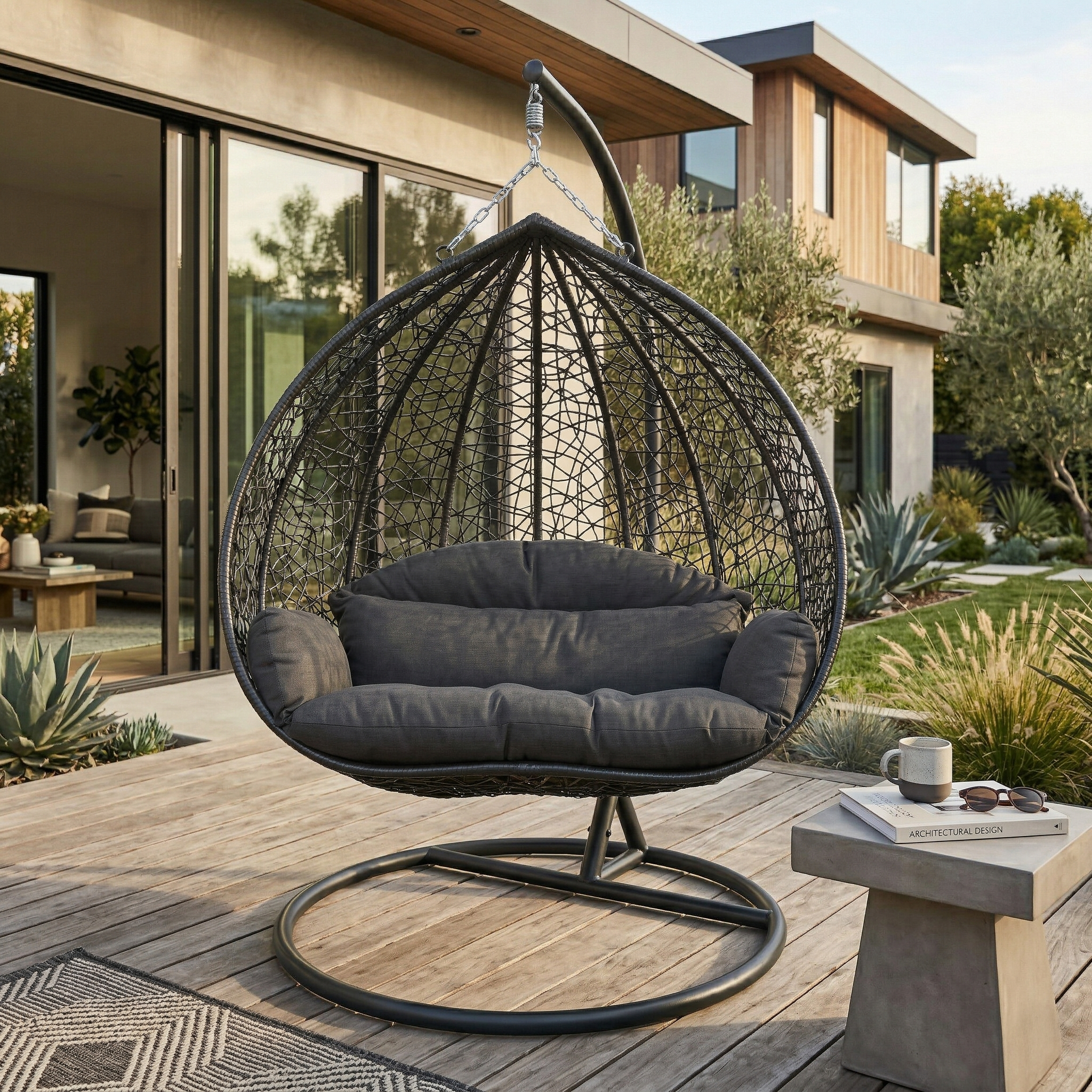 Recluse Modern Outdoor Egg Swing Chair Black/Brown/Grey Frame in Teardrop Design with ES57 Cushion