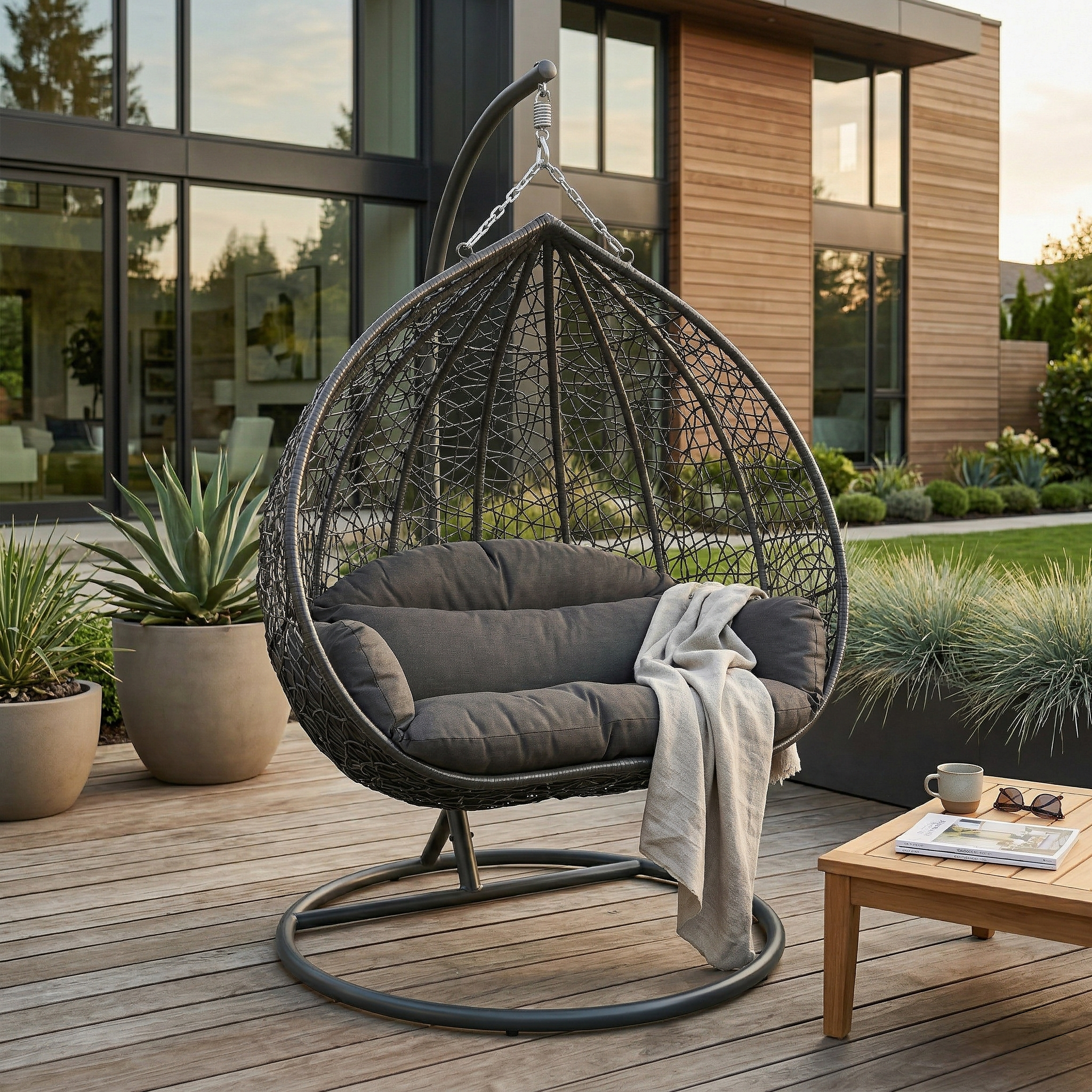 Recluse Modern Outdoor Egg Swing Chair Black/Brown/Grey Frame in Teardrop Design with ES57 Cushion