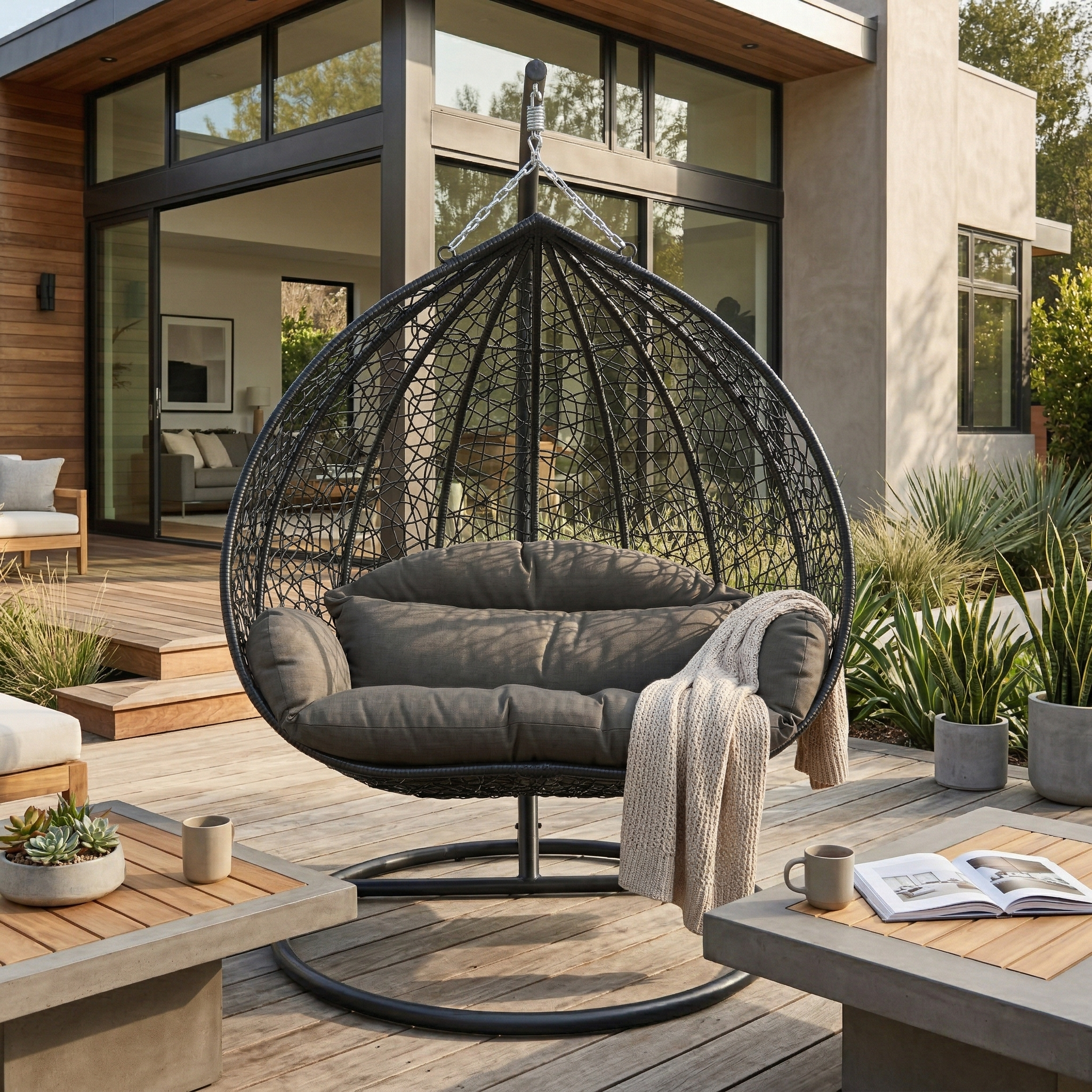 Recluse Modern Outdoor Egg Swing Chair Black/Brown/Grey Frame in Teardrop Design with ES57 Cushion