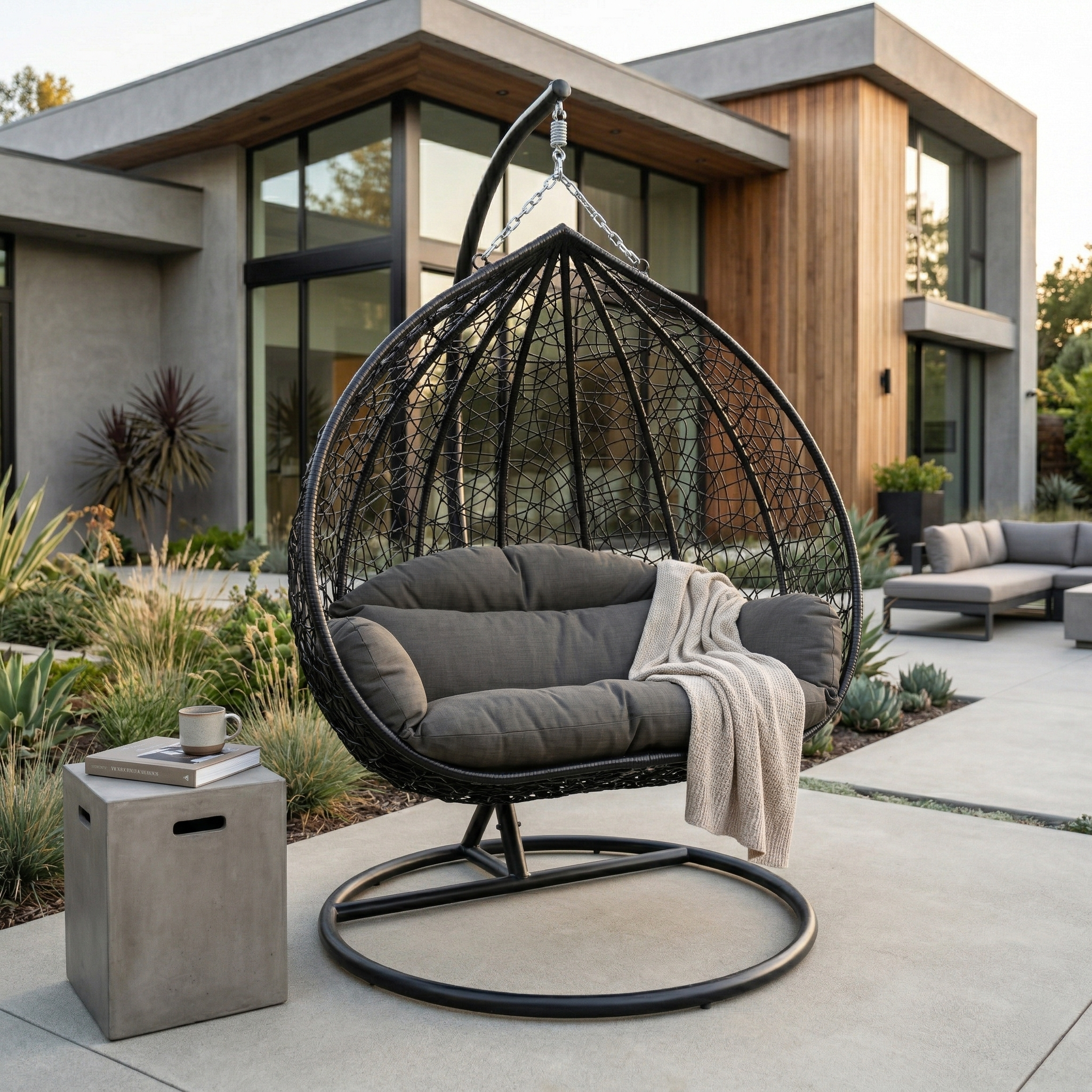 Recluse Modern Outdoor Egg Swing Chair Black/Brown/Grey Frame in Teardrop Design with ES57 Cushion