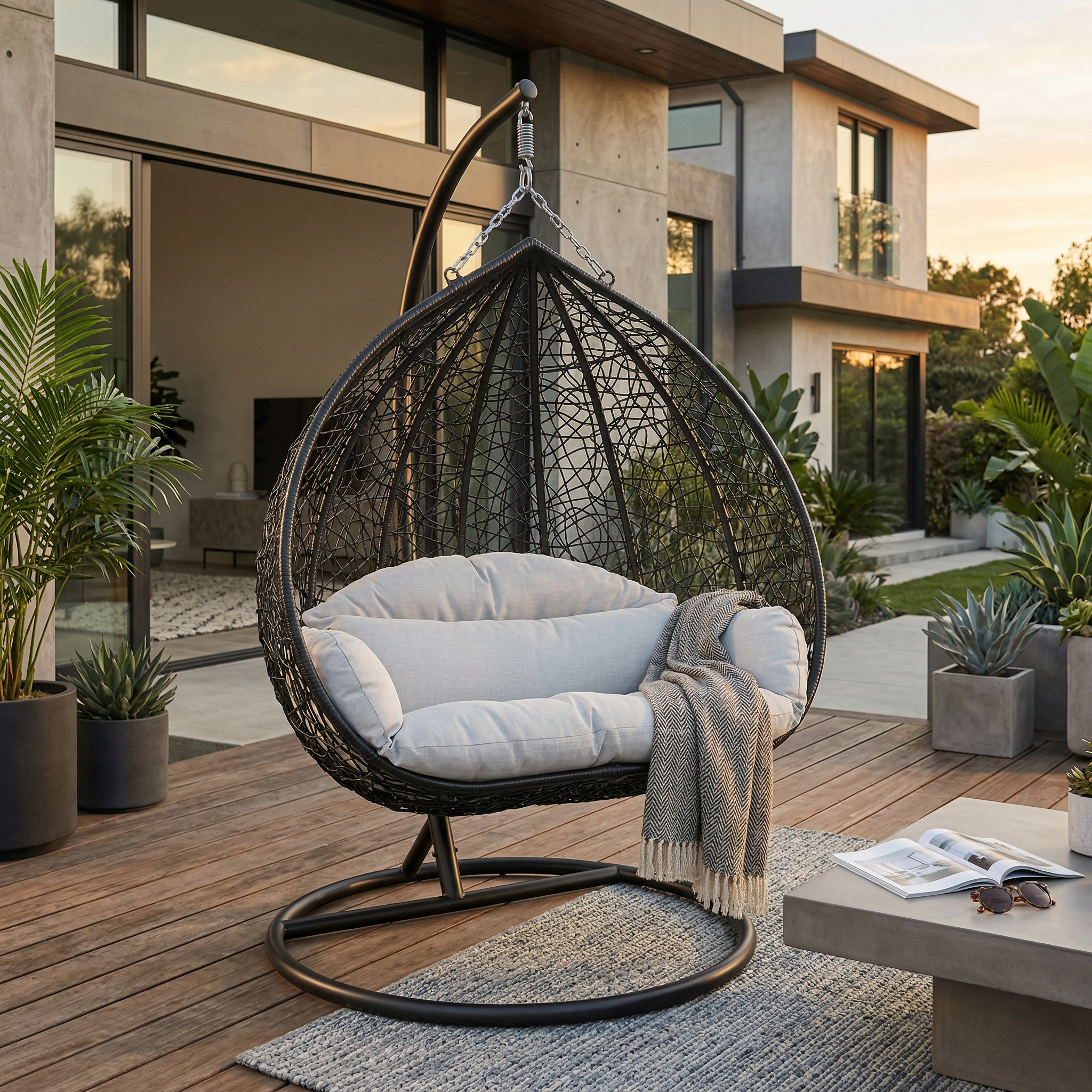 Recluse Modern Outdoor Egg Swing Chair Black/Brown/Grey Frame in Teardrop Design with ES57 Cushion