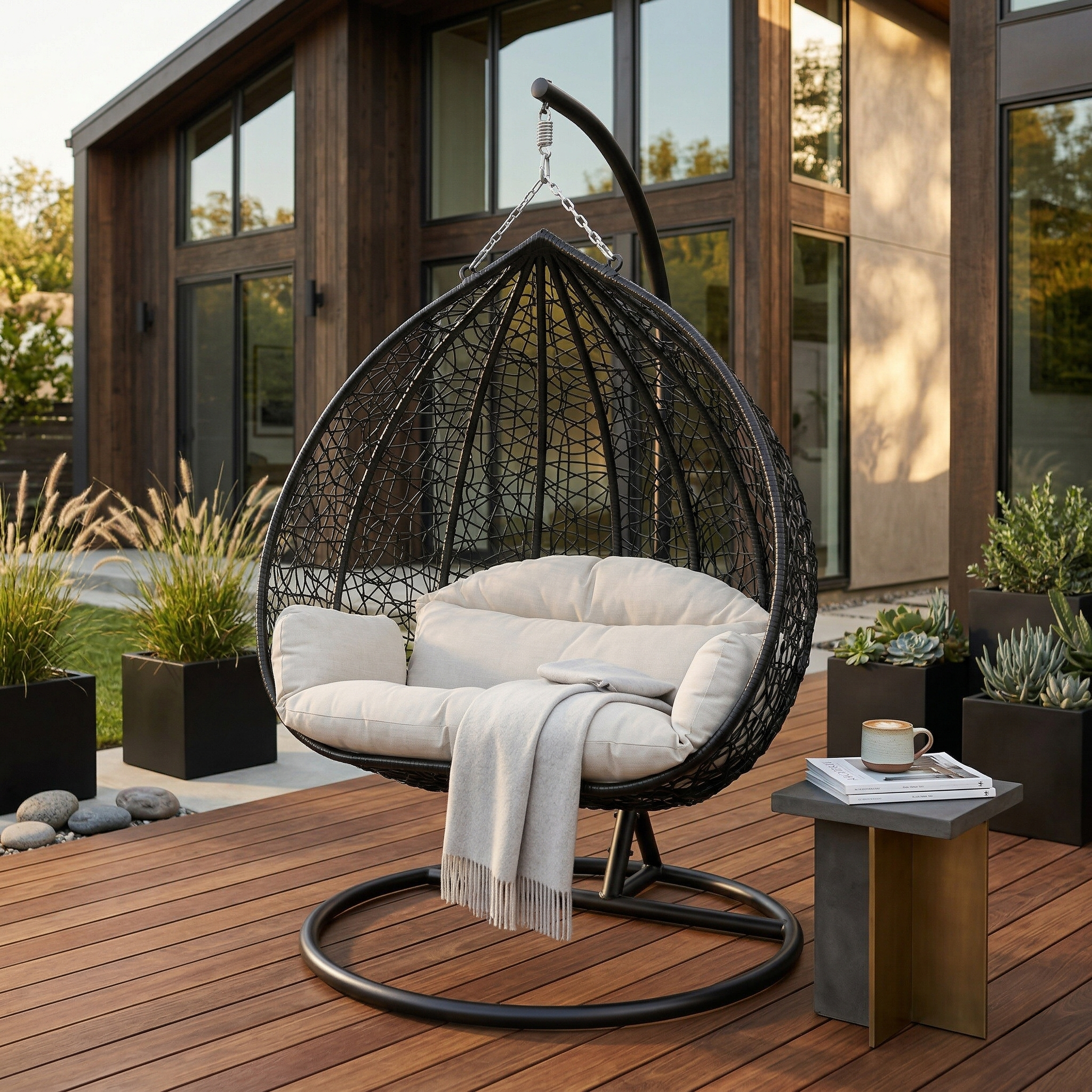 Recluse Modern Outdoor Egg Swing Chair Black/Brown/Grey Frame in Teardrop Design with ES57 Cushion