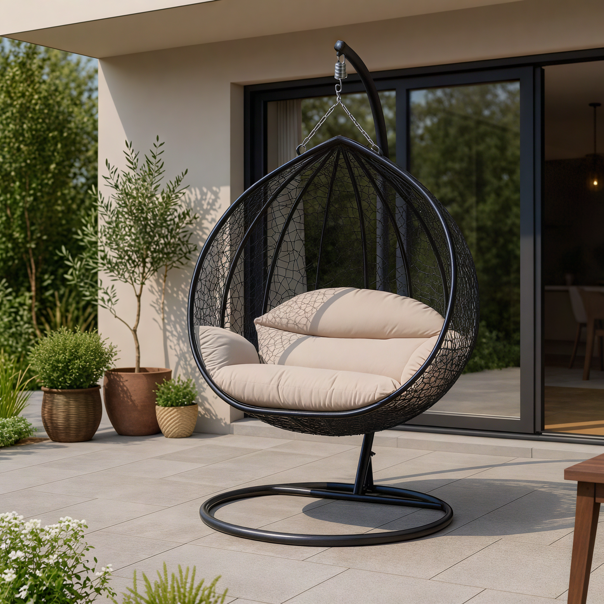 Recluse Modern Outdoor Egg Swing Chair Black/Brown/Grey Frame in Teardrop Design with ES57 Cushion