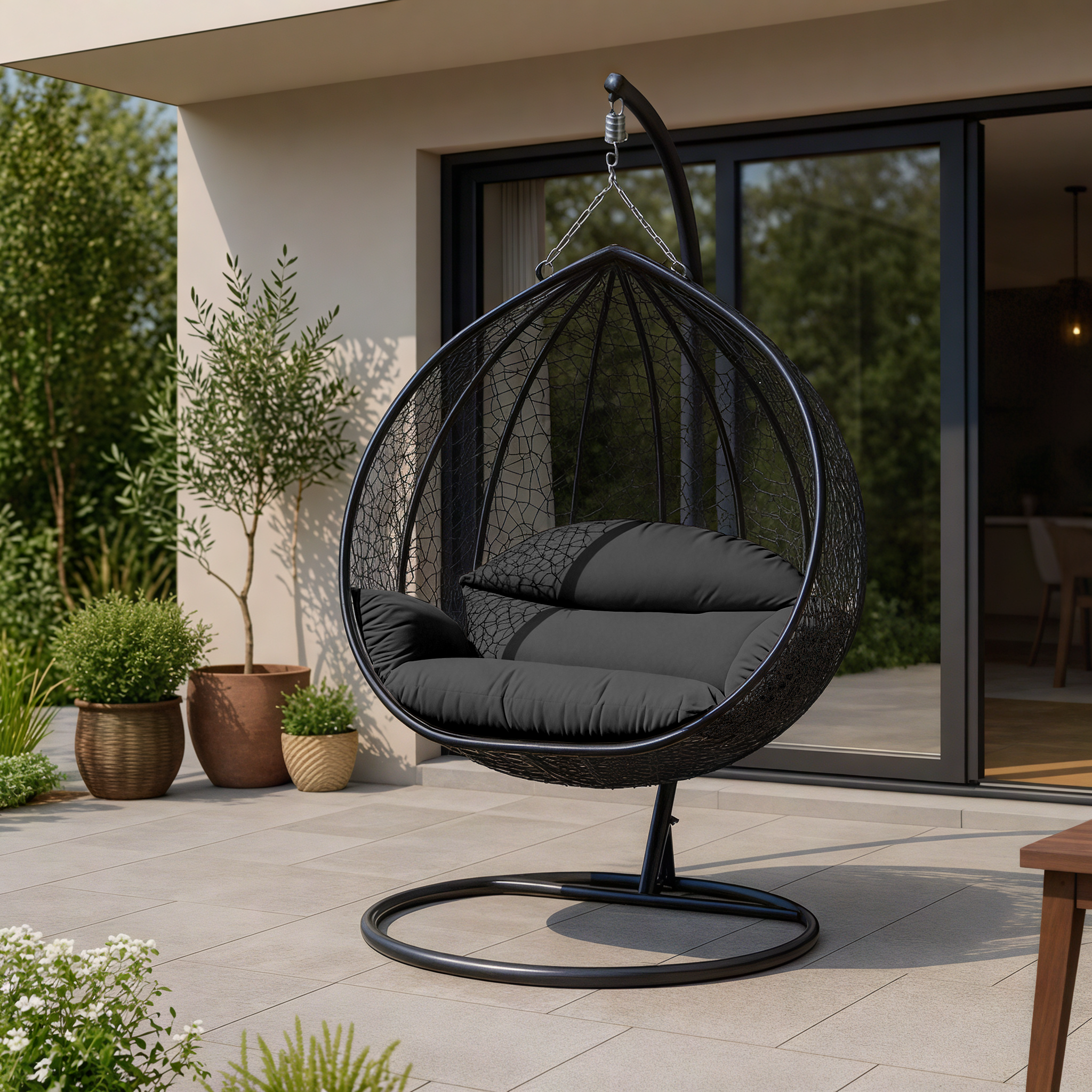 Recluse Modern Outdoor Egg Swing Chair Black/Brown/Grey Frame in Teardrop Design with ES57 Cushion