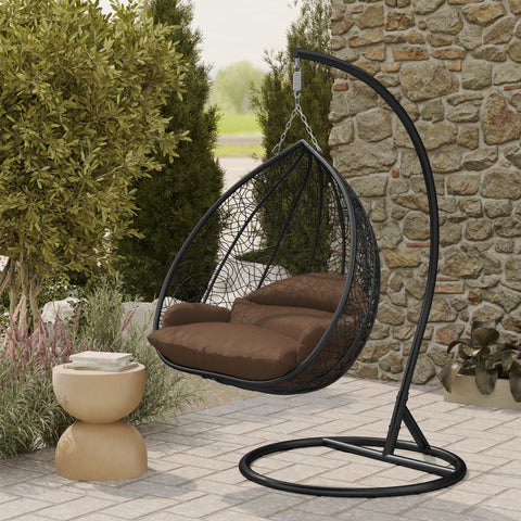 Recluse Modern Outdoor Egg Swing Chair Black/Brown/Grey Frame in Teardrop Design with ES57 Cushion