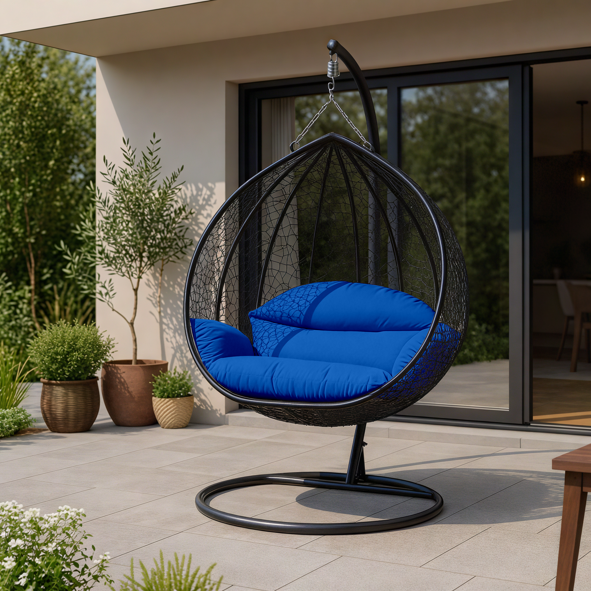 Recluse Modern Outdoor Egg Swing Chair Black/Brown/Grey Frame in Teardrop Design with ES57 Cushion
