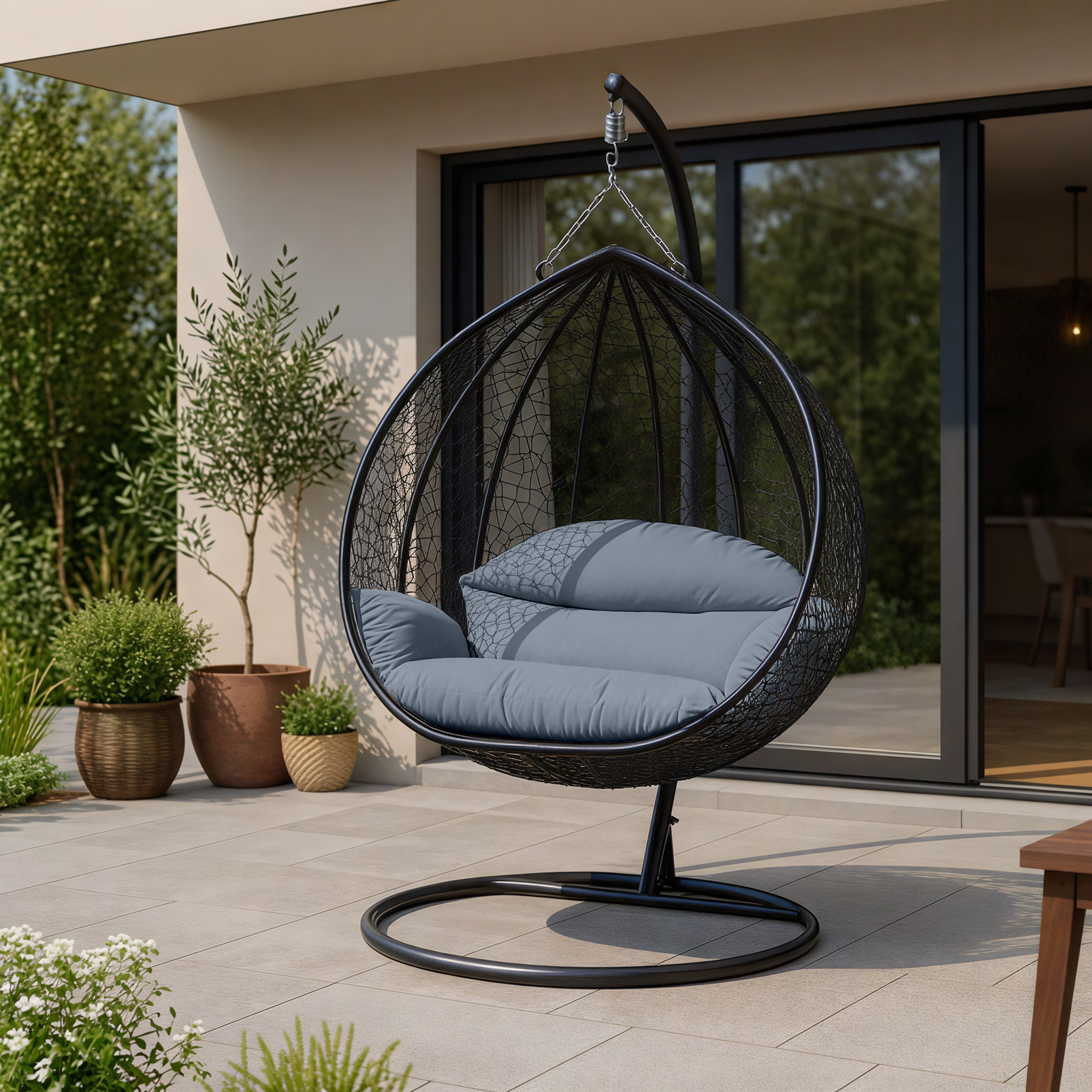 Recluse Modern Outdoor Egg Swing Chair Black/Brown/Grey Frame in Teardrop Design with ES57 Cushion