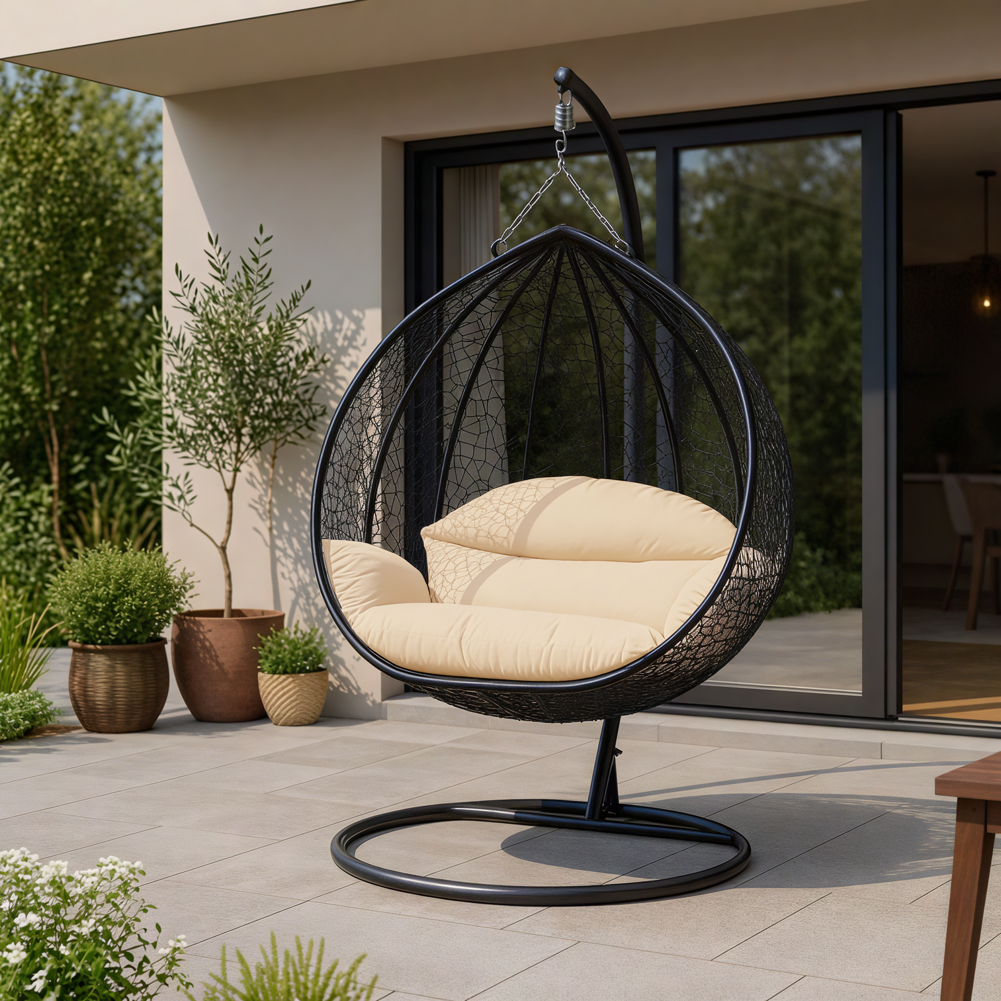 Recluse Modern Outdoor Egg Swing Chair Black/Brown/Grey Frame in Teardrop Design with ES57 Cushion