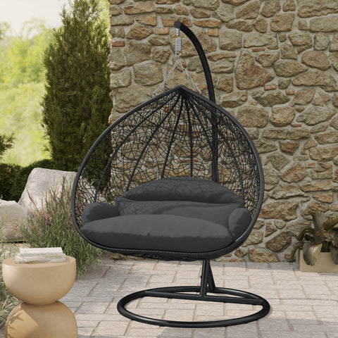 Recluse Modern Outdoor Egg Swing Chair Black/Brown/Grey Frame in Teardrop Design with ES57 Cushion