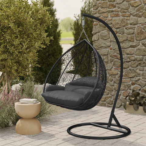 Recluse Modern Outdoor Egg Swing Chair Black/Brown/Grey Frame in Teardrop Design with ES57 Cushion