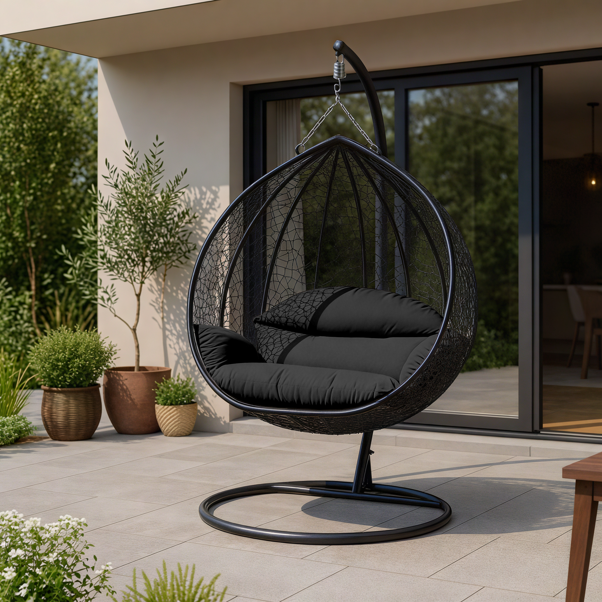 Recluse Modern Outdoor Egg Swing Chair Black/Brown/Grey Frame in Teardrop Design with ES57 Cushion