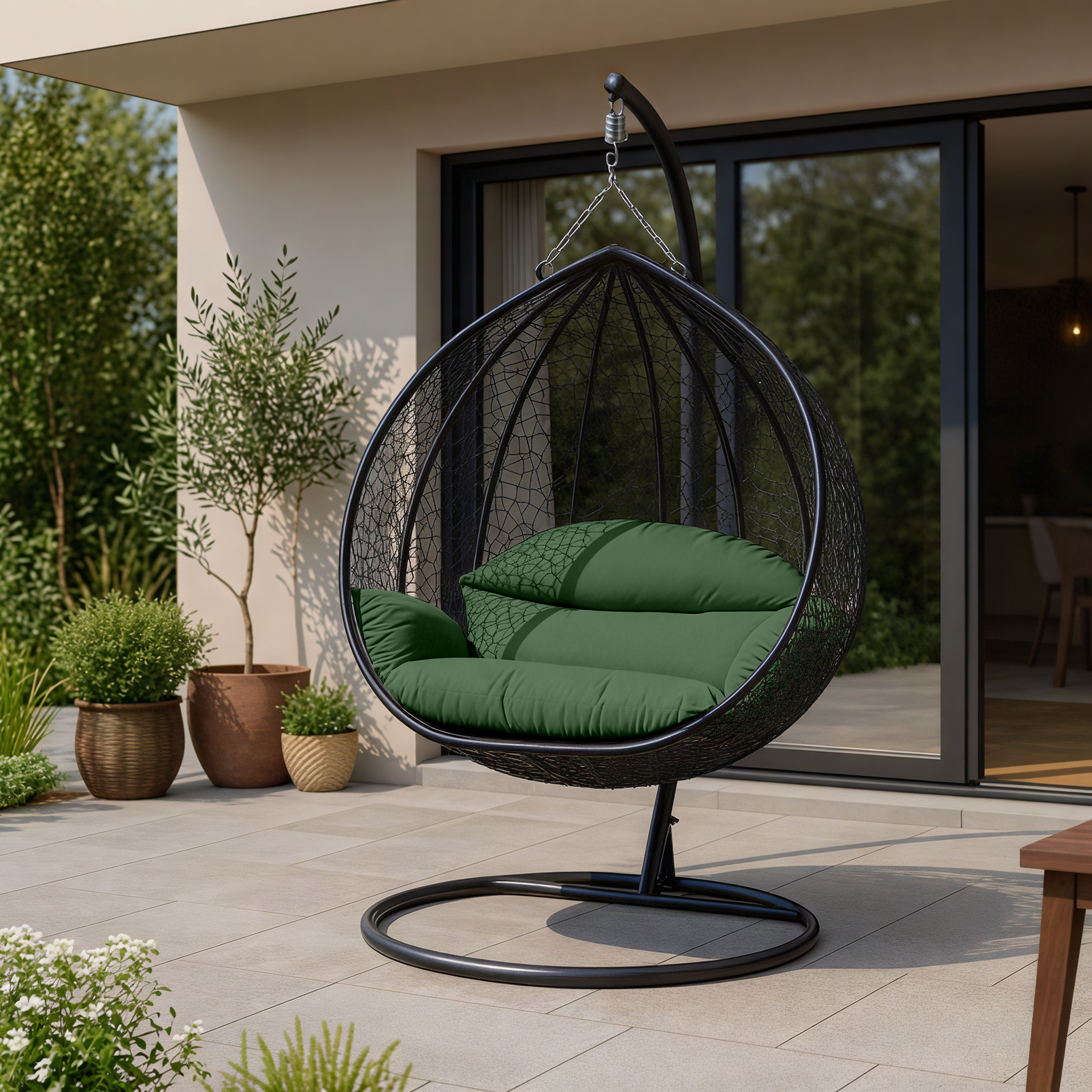 Recluse Modern Outdoor Egg Swing Chair Black/Brown/Grey Frame in Teardrop Design with ES57 Cushion