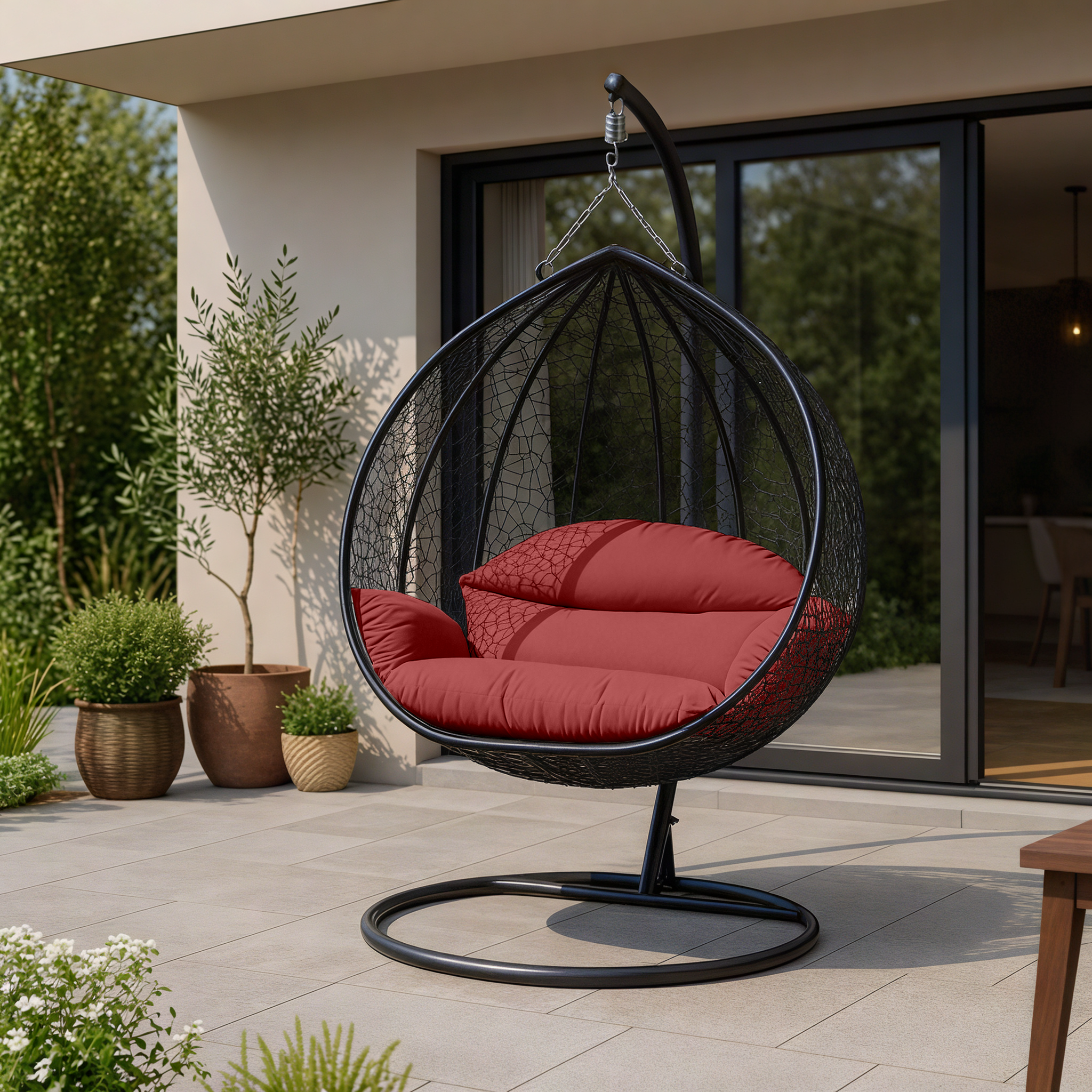 Recluse Modern Outdoor Egg Swing Chair Black/Brown/Grey Frame in Teardrop Design with ES57 Cushion