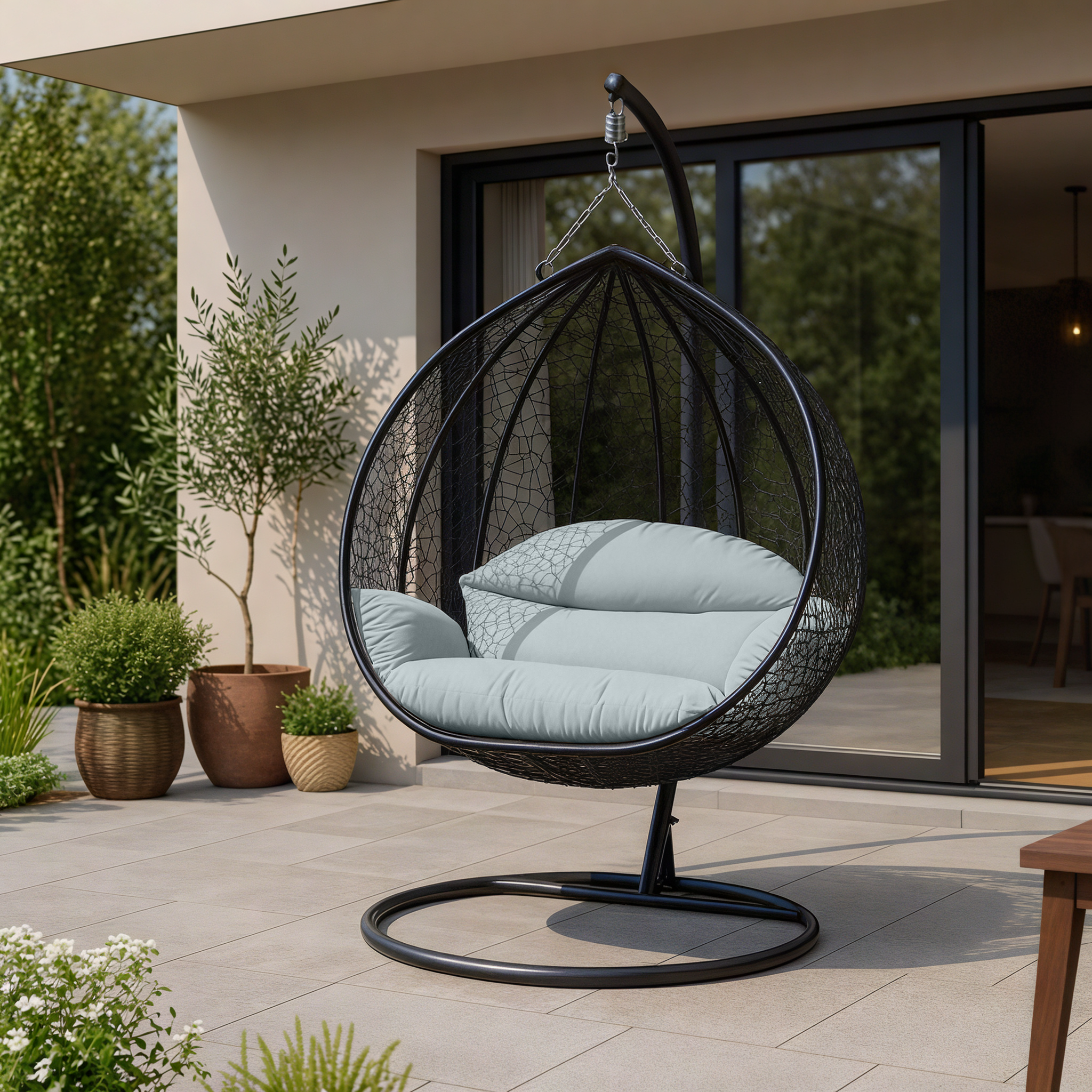 Recluse Modern Outdoor Egg Swing Chair Black/Brown/Grey Frame in Teardrop Design with ES57 Cushion