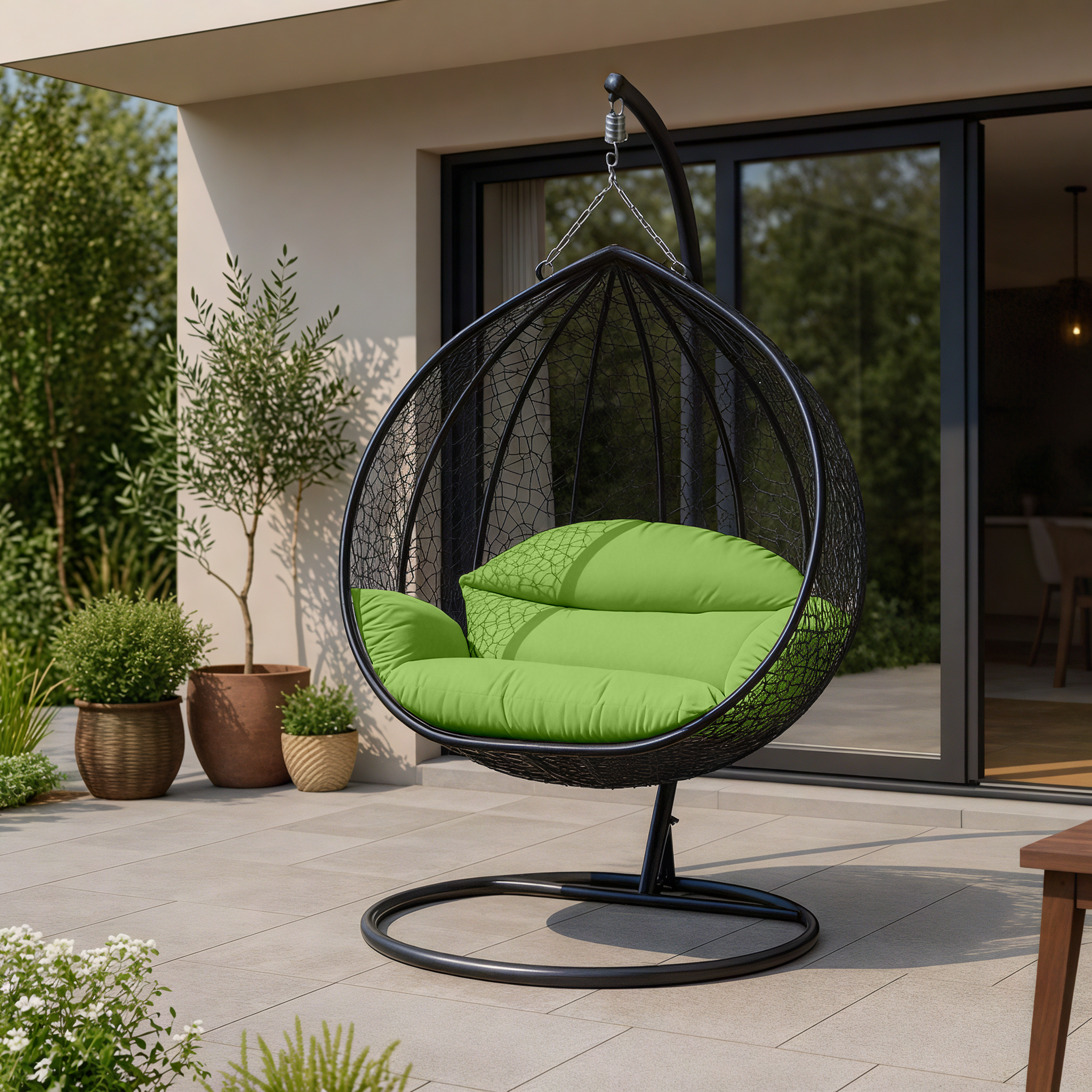 Recluse Modern Outdoor Egg Swing Chair Black/Brown/Grey Frame in Teardrop Design with ES57 Cushion