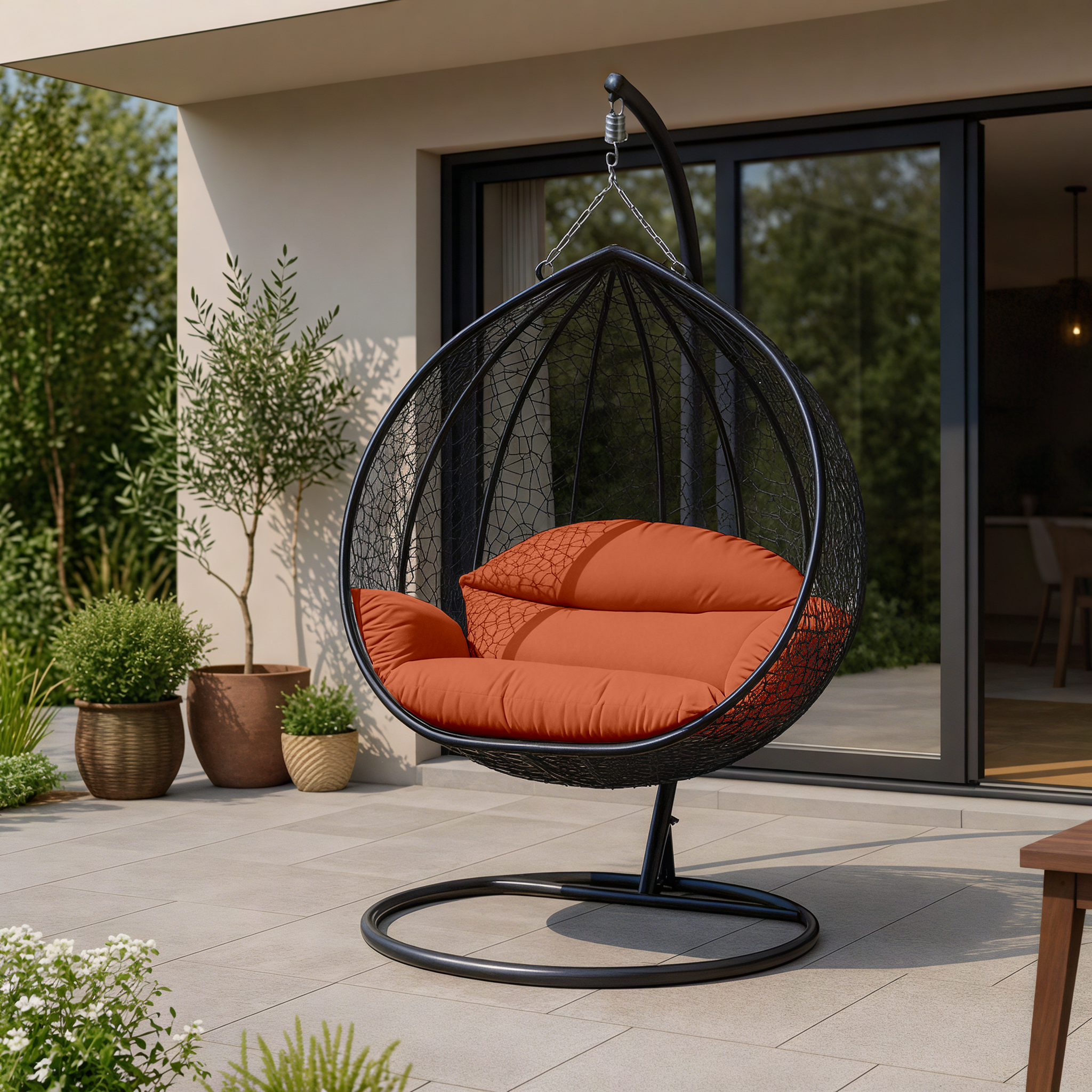 Recluse Modern Outdoor Egg Swing Chair Black/Brown/Grey Frame in Teardrop Design with ES57 Cushion