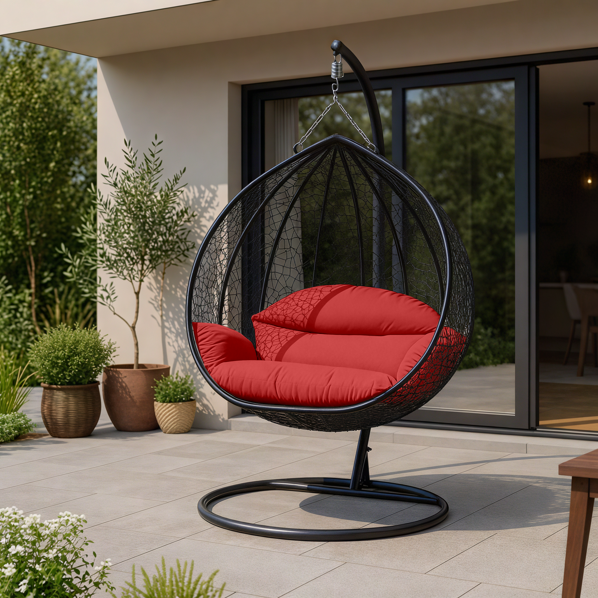 Recluse Modern Outdoor Egg Swing Chair Black/Brown/Grey Frame in Teardrop Design with ES57 Cushion