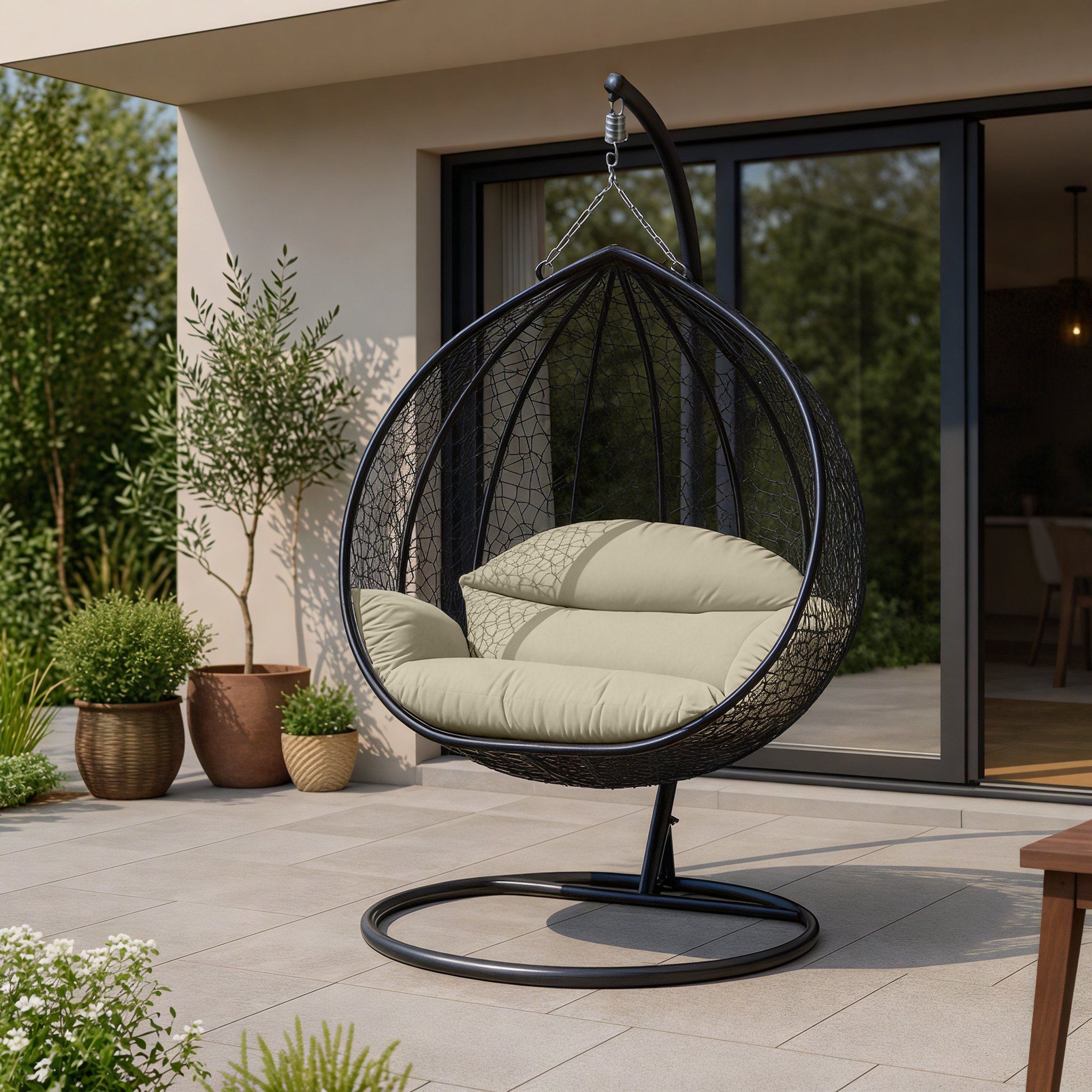 Recluse Modern Outdoor Egg Swing Chair Black/Brown/Grey Frame in Teardrop Design with ES57 Cushion