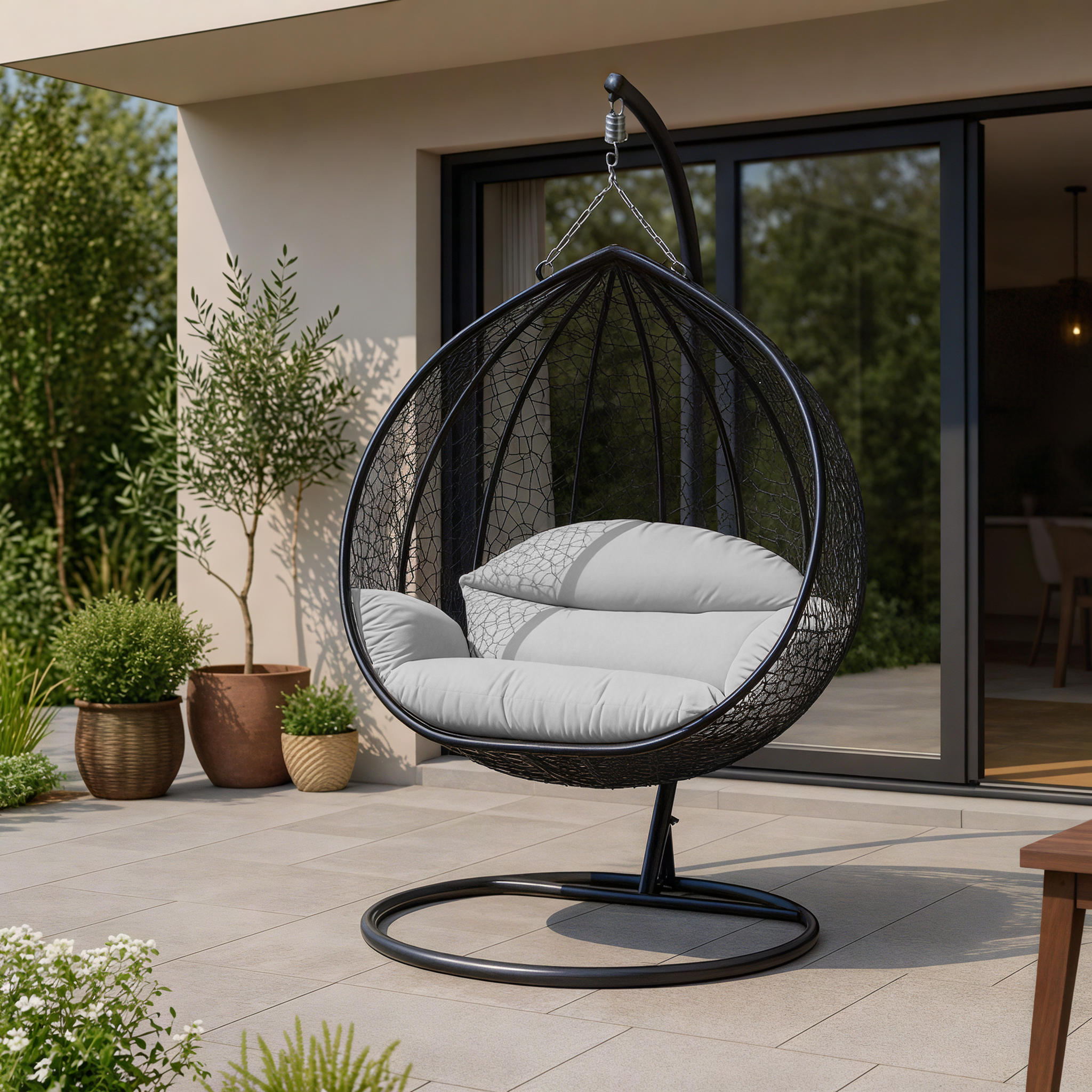 Recluse Modern Outdoor Egg Swing Chair Black/Brown/Grey Frame in Teardrop Design with ES57 Cushion