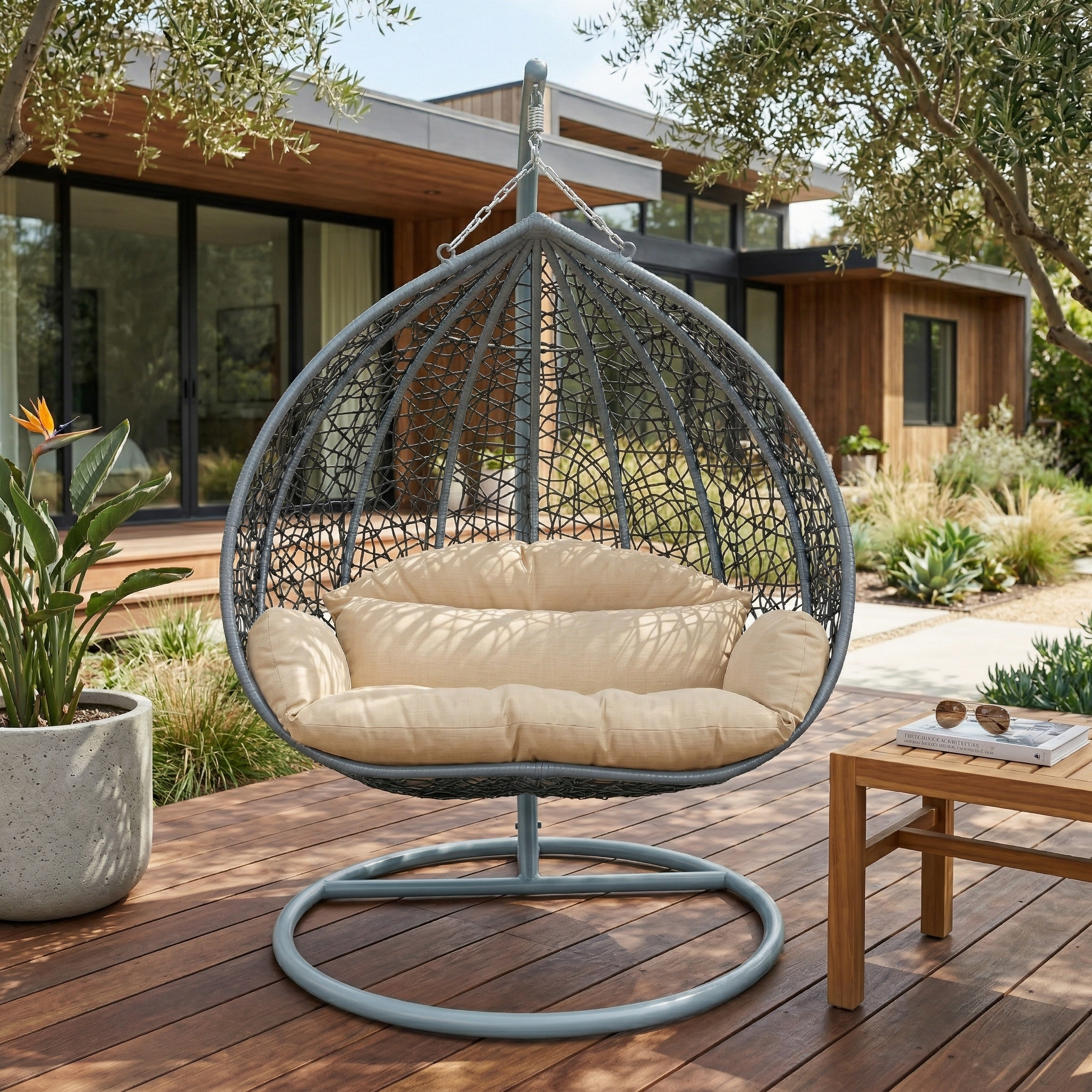 Recluse Modern Outdoor Egg Swing Chair Black/Brown/Grey Frame in Teardrop Design with ES57 Cushion