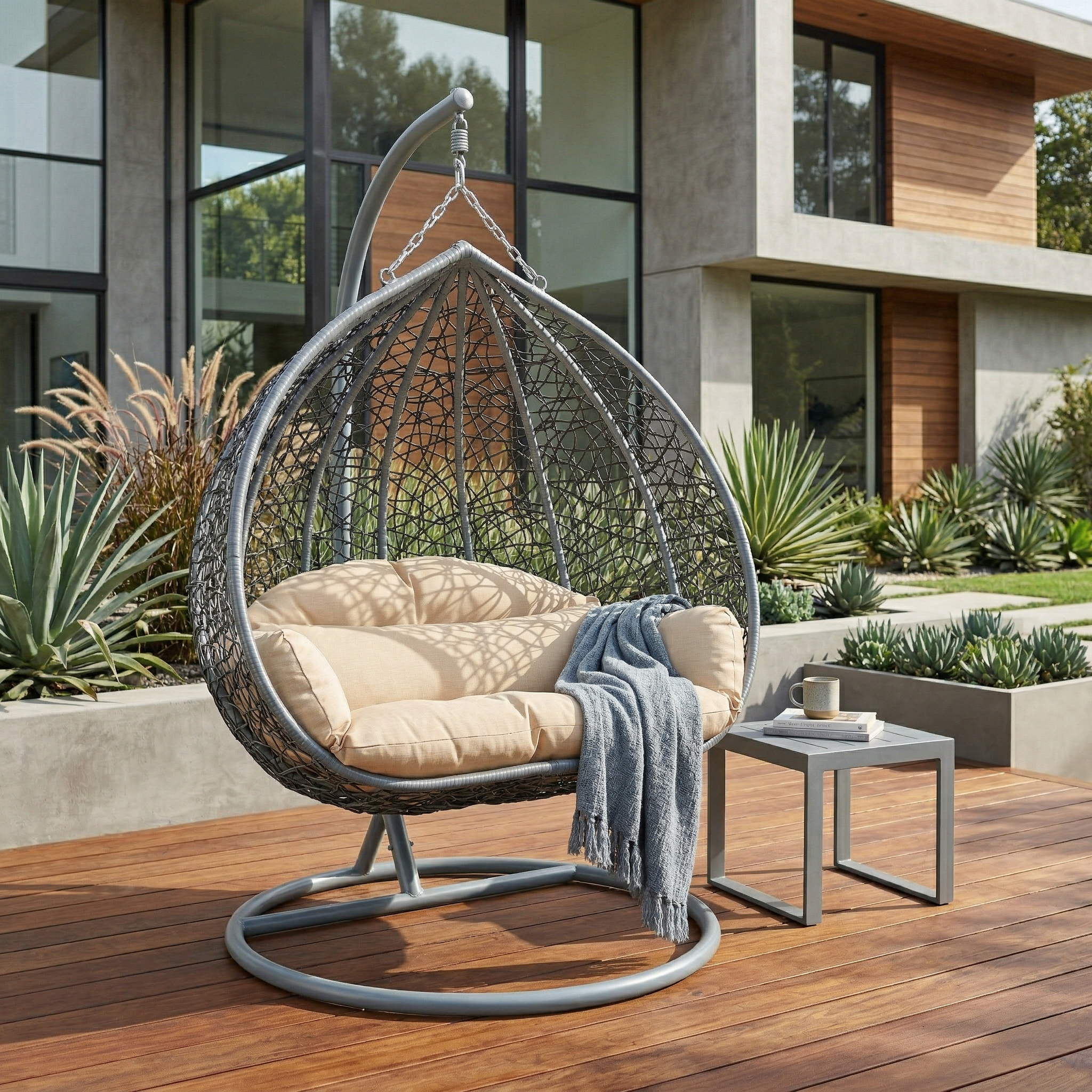 Recluse Modern Outdoor Egg Swing Chair Black/Brown/Grey Frame in Teardrop Design with ES57 Cushion
