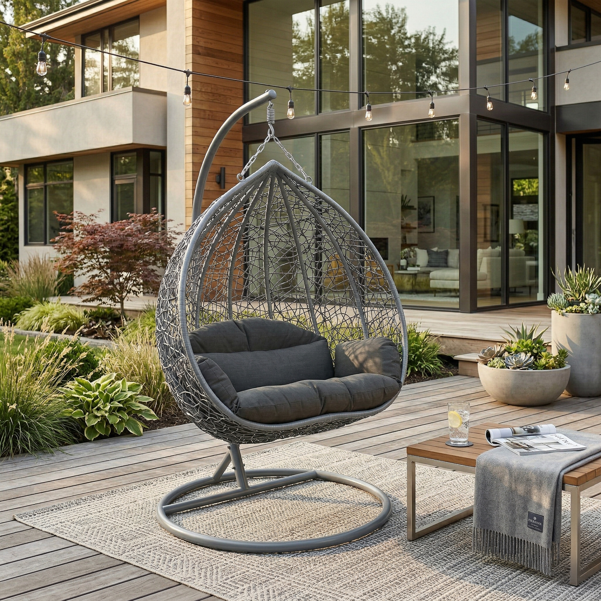 Recluse Modern Outdoor Egg Swing Chair Black/Brown/Grey Frame in Teardrop Design with ES57 Cushion